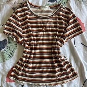 Brown Orange Stripe Short Sleeve Teddy Bear Lettuce Hem Tee Top